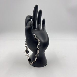 Vintage Longcraft Black Glass Oval Bezel Set Stones Link Bracelet 7.5"-Gold Tone